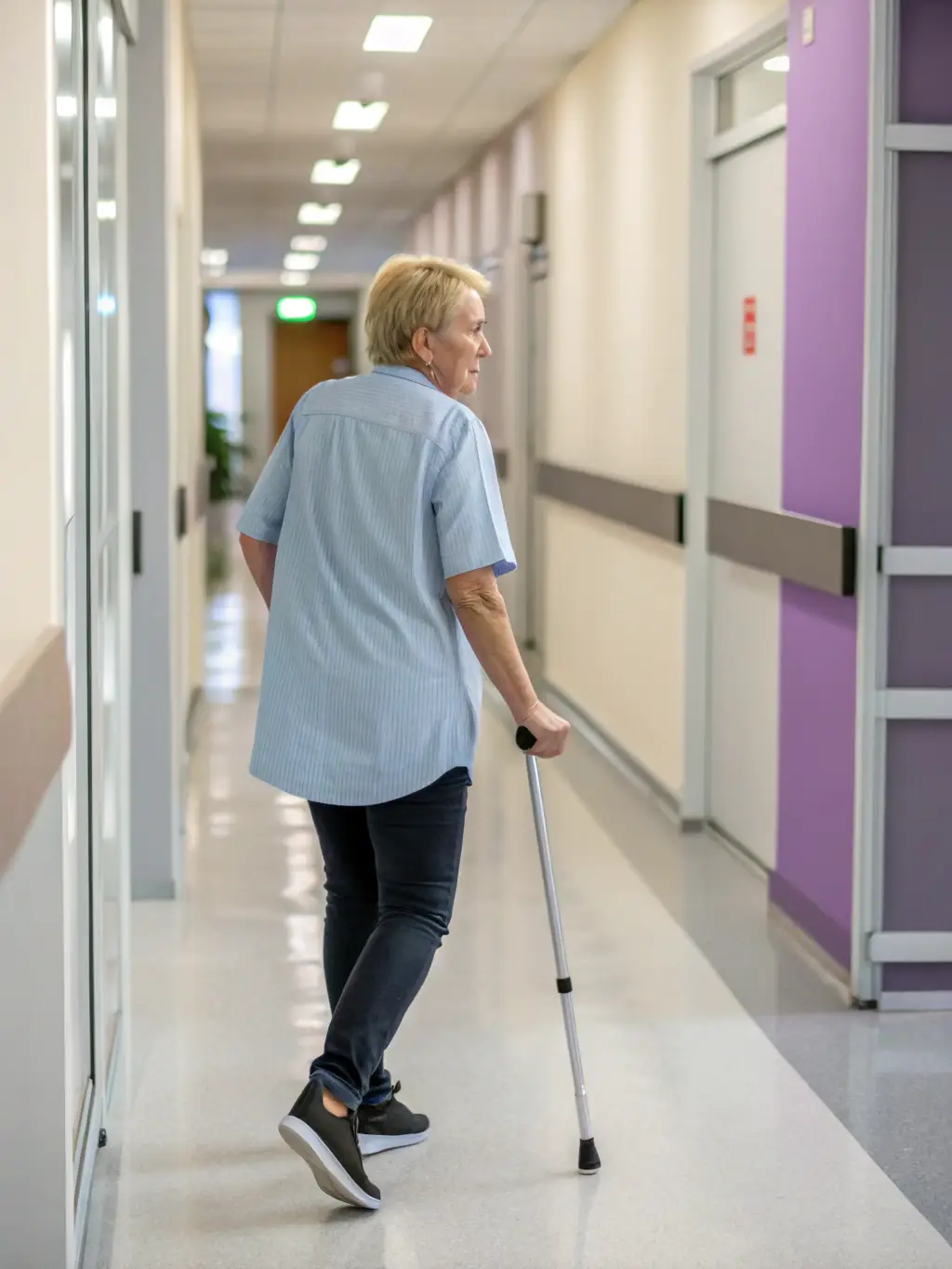A person struggling with balance issues, carefully walking with support, highlighting how NUCCA can improve balance and coordination.