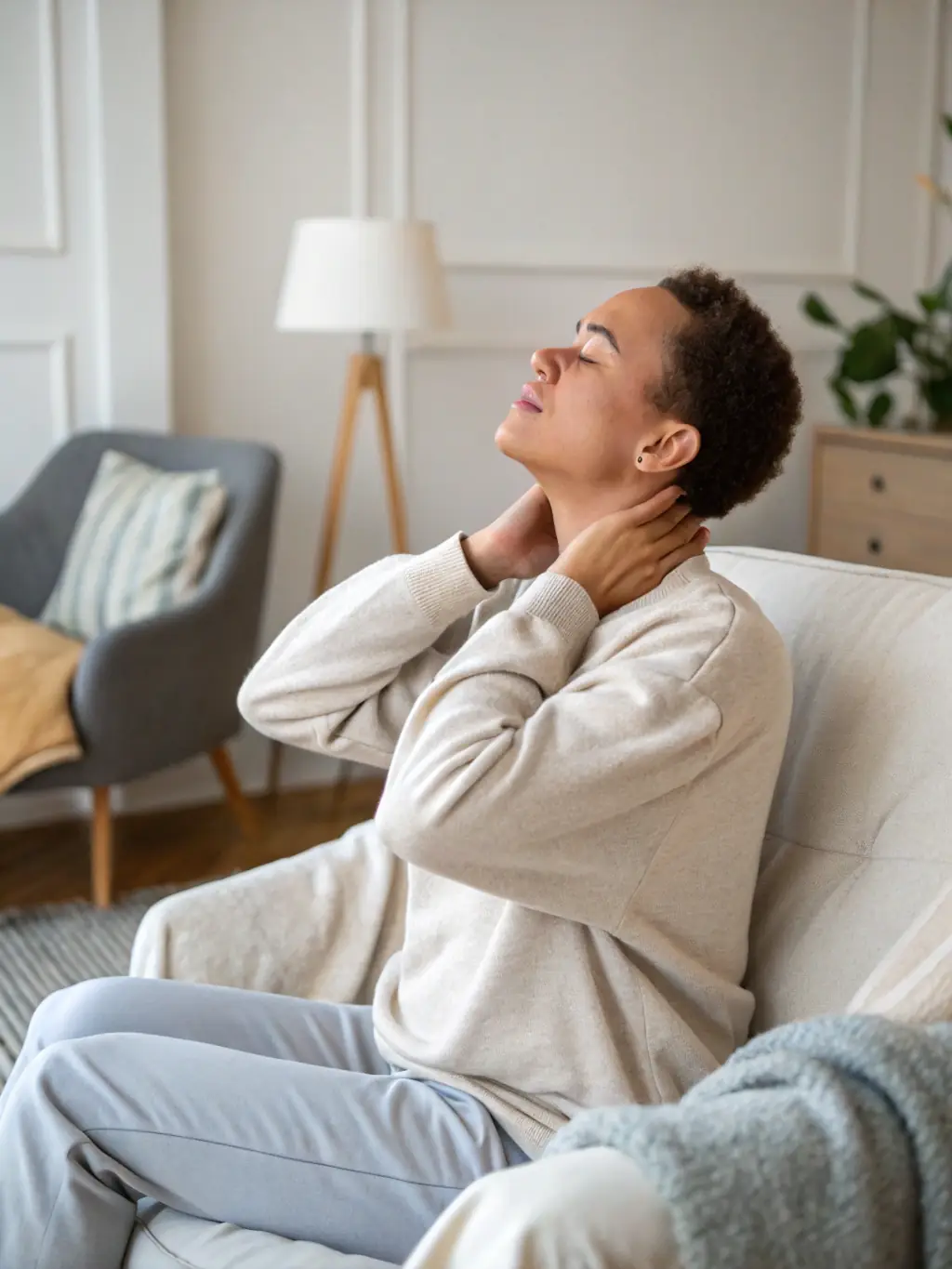 A person with visible neck stiffness and discomfort, rubbing their neck, indicating the potential benefits of NUCCA for neck pain.